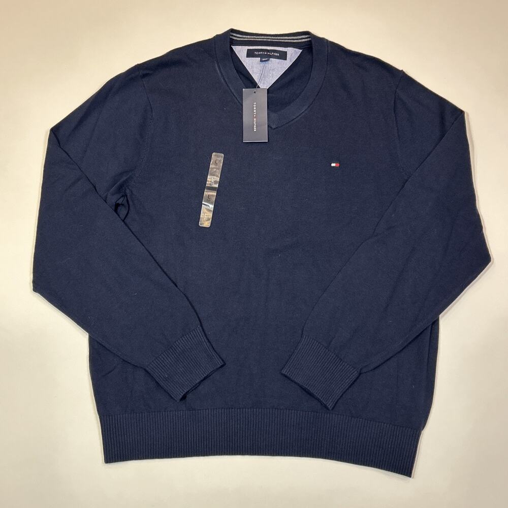Tommy Hilfiger V Neck Sweater Mens Large Navy Cotton Pullover NWT